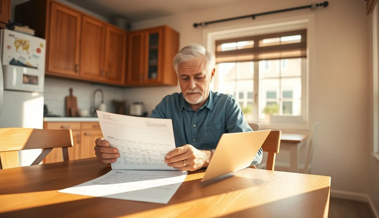 Homeowner reviewing property assessment notice at kitchen table with calendar nearby