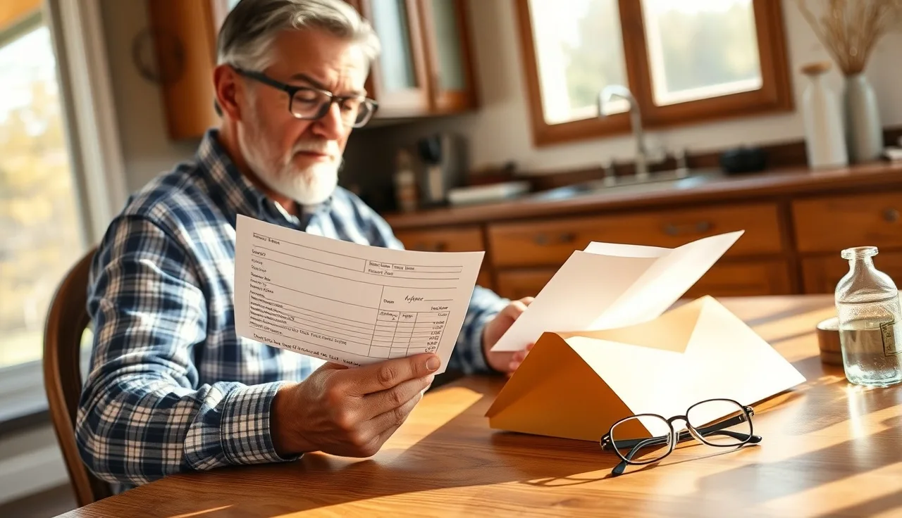 Homeowner reviewing a property tax bill at a kitchen table before requesting a late penalty waiver
