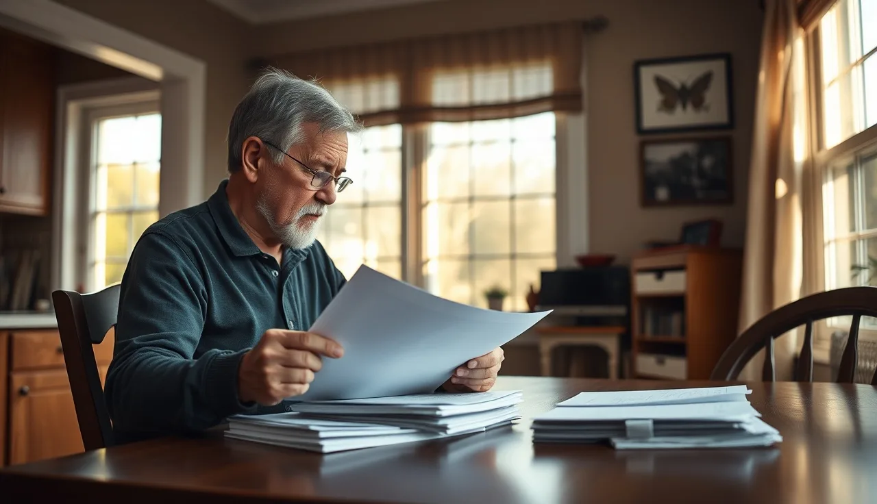 Homeowner reviewing delinquent tax lien papers at kitchen table with morning light