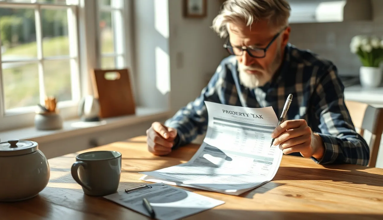 Homeowner reviewing a property tax bill at a kitchen table in morning light