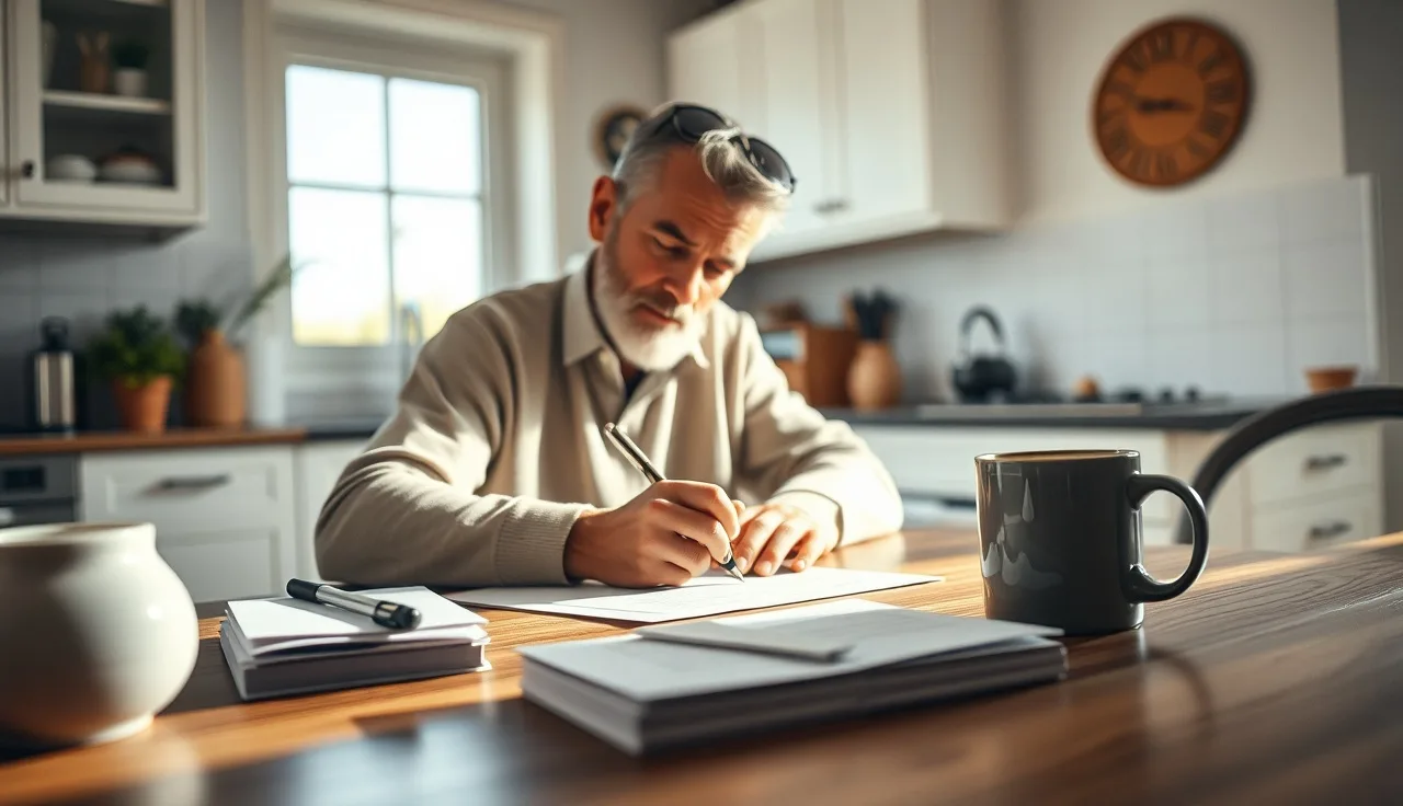 Homeowner writing a penalty abatement letter at a kitchen table in morning light