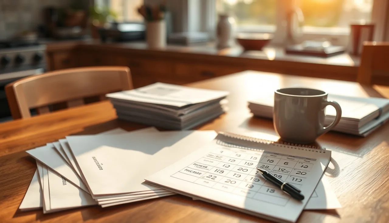 Property tax envelopes and a calendar with payment due dates on a kitchen table