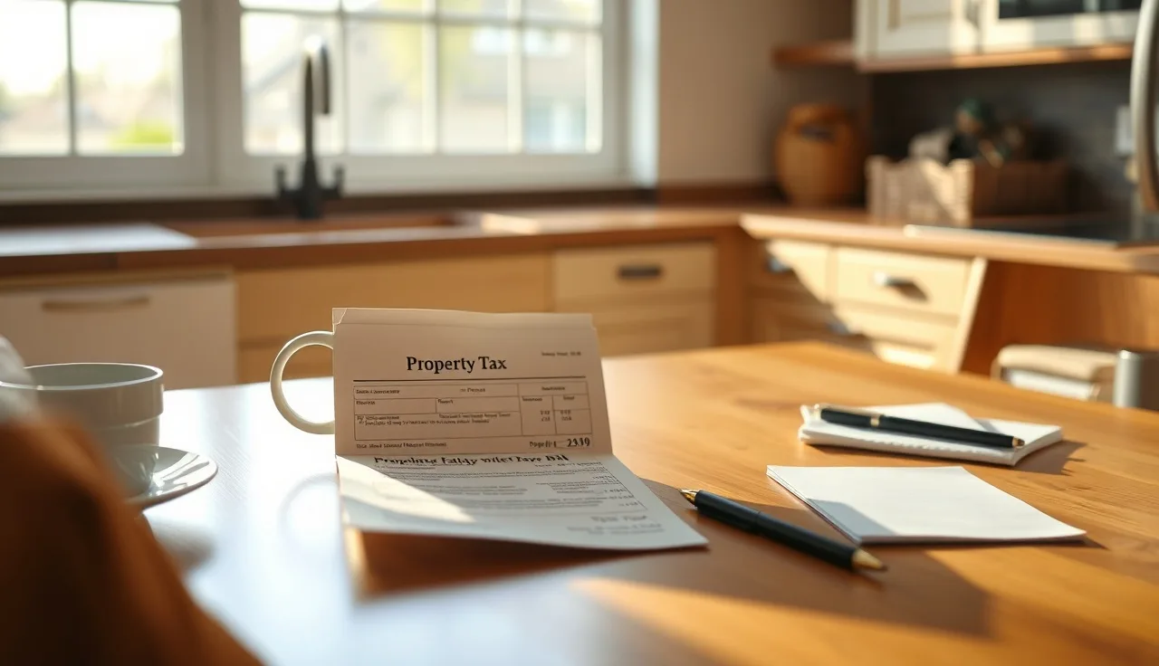 Unopened property tax bill on a kitchen table beside a coffee mug
