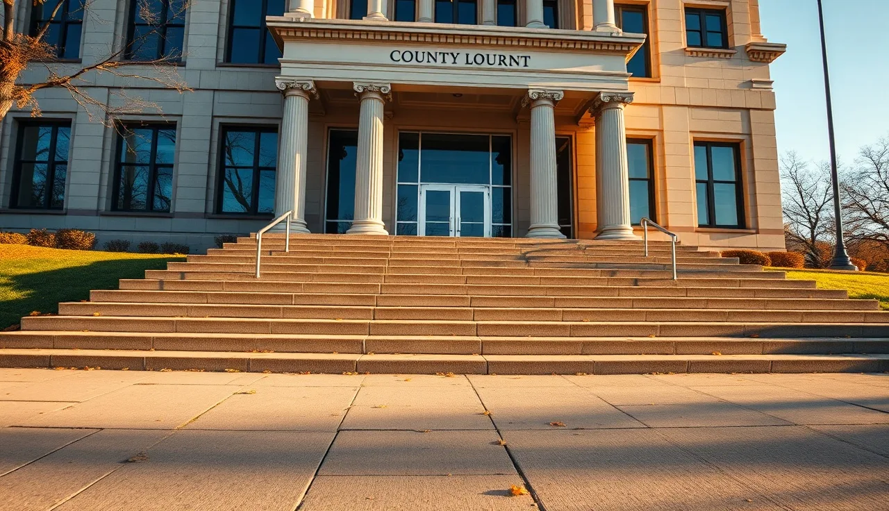 County government building exterior in autumn morning light, property tax deadline concept