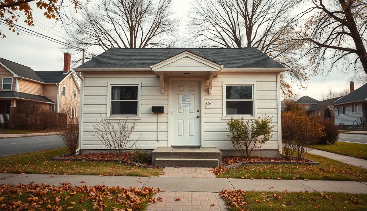 Modest home on residential street with formal notice on front door in autumn