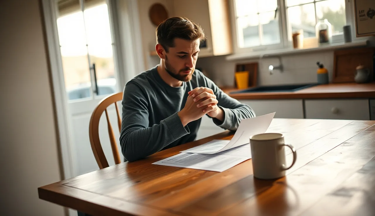 Homeowner at kitchen table reviewing property tax assessment notice with concern