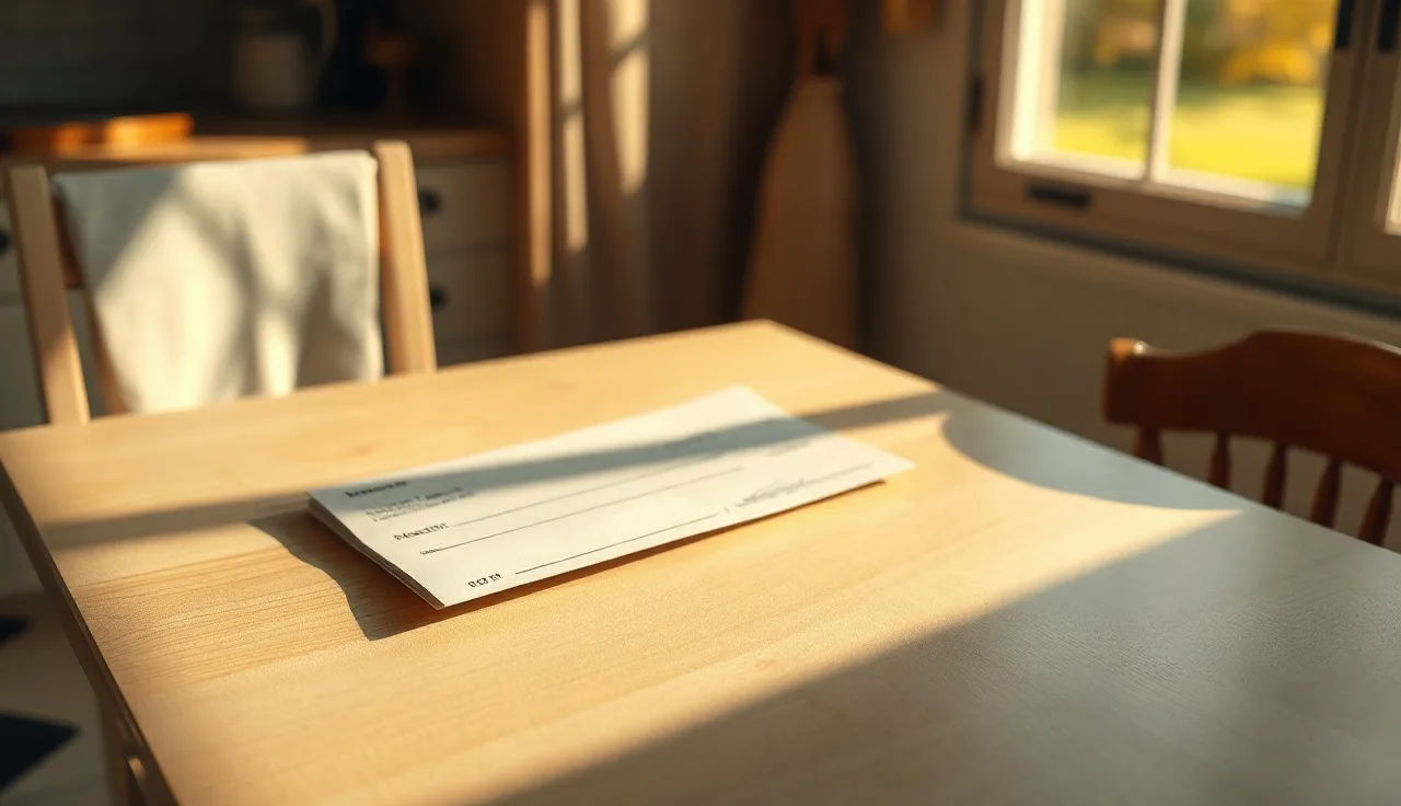Kitchen table with an envelope and checkbook on a sunny morning, property tax payment scene