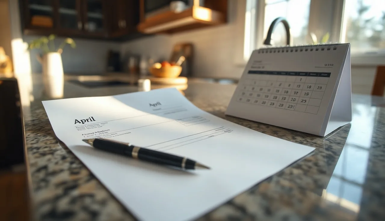 Property tax bill envelope and calendar on a kitchen counter showing April deadline