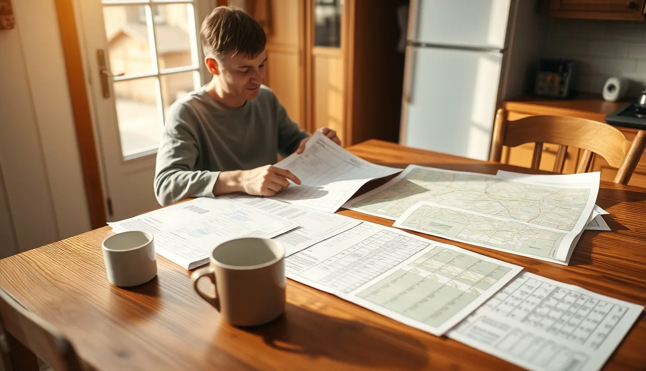 Homeowner reviewing printed comparable sales spreadsheets at a kitchen table for a property tax appeal