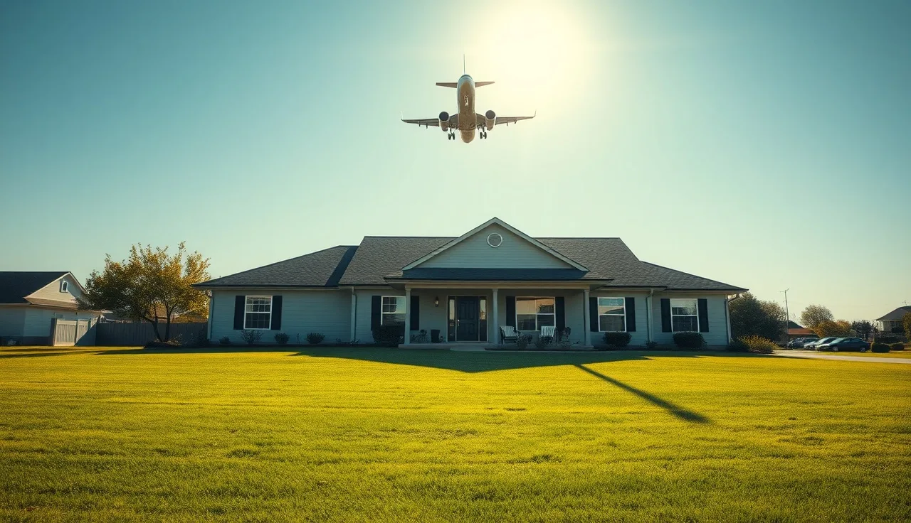 Suburban home with commercial aircraft flying low overhead on airport flight path