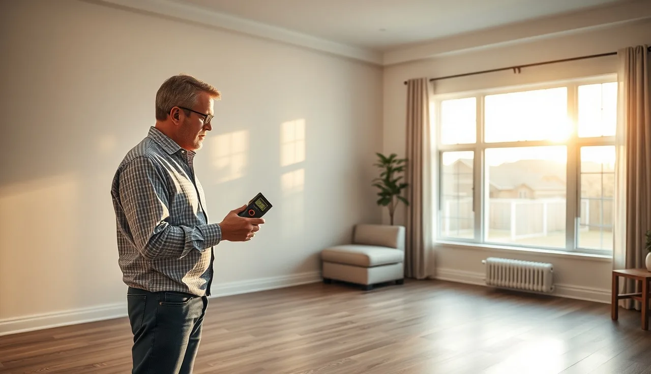 Appraiser measuring room dimensions in empty living room for square footage verification