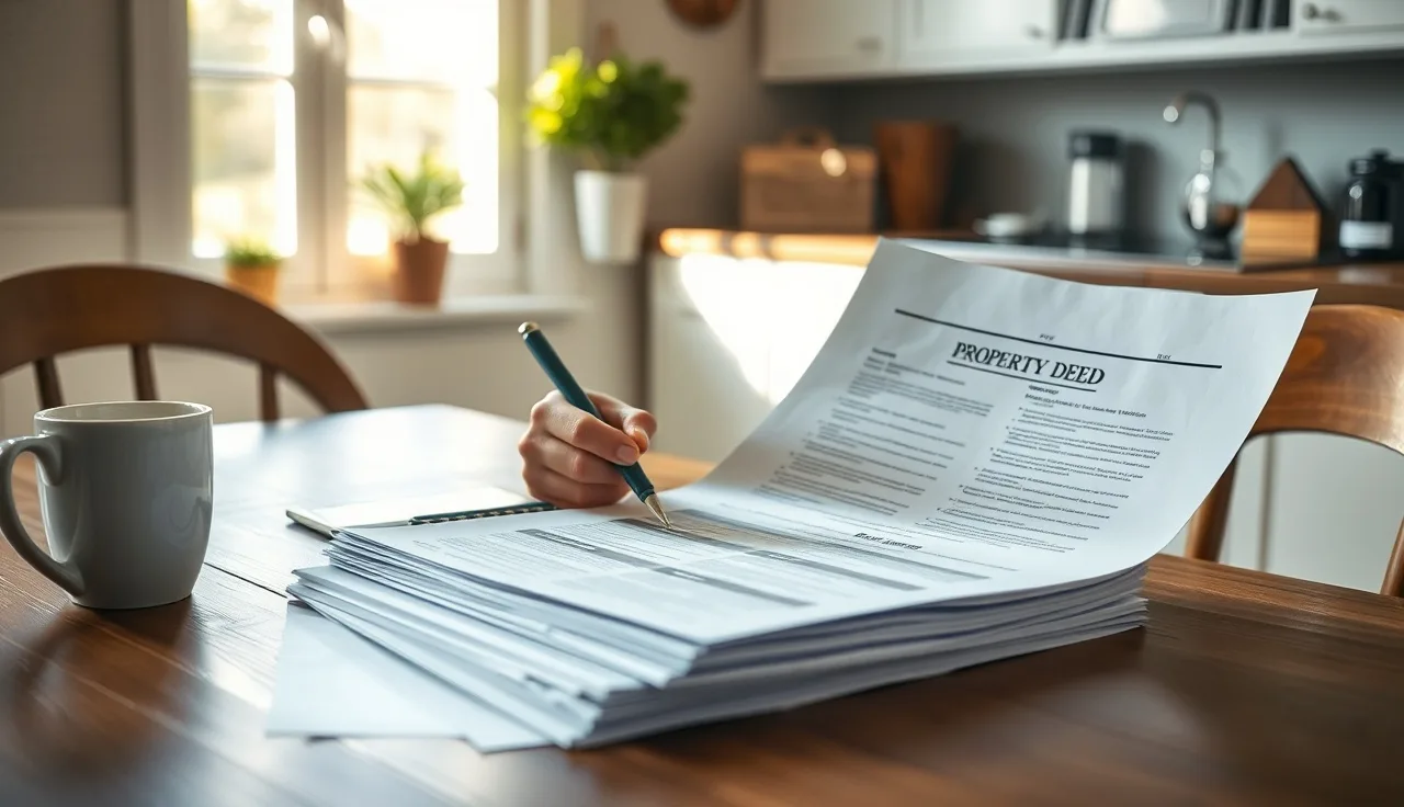 Homeowner reviewing property deed documents at kitchen table for tax appeal