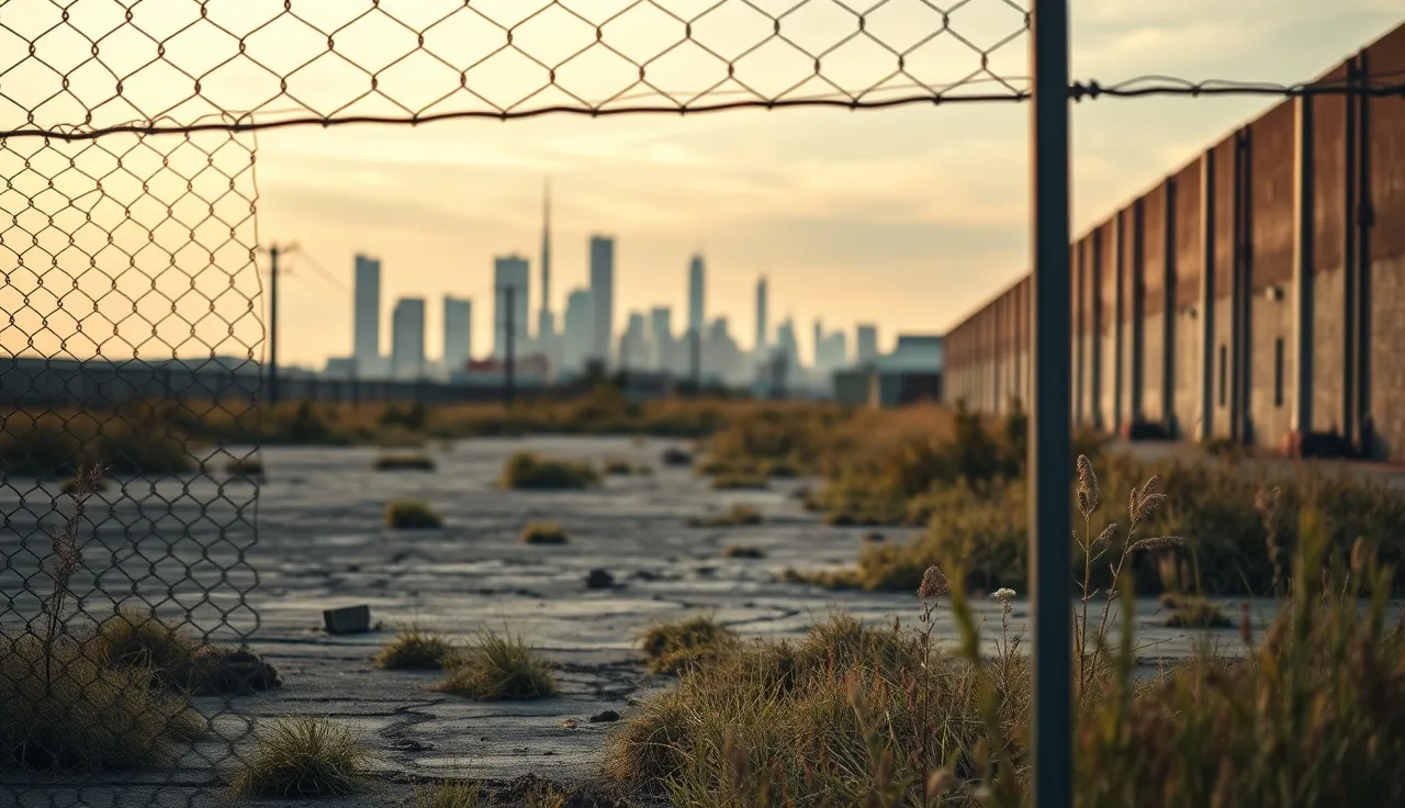 Overgrown vacant brownfield lot with chain-link fence and distant city skyline