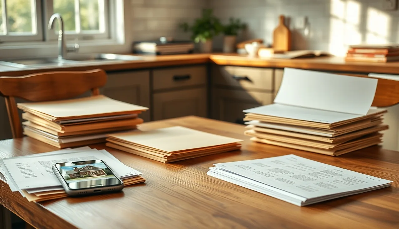 Sorted manila folders and printed property records on a sunlit kitchen table
