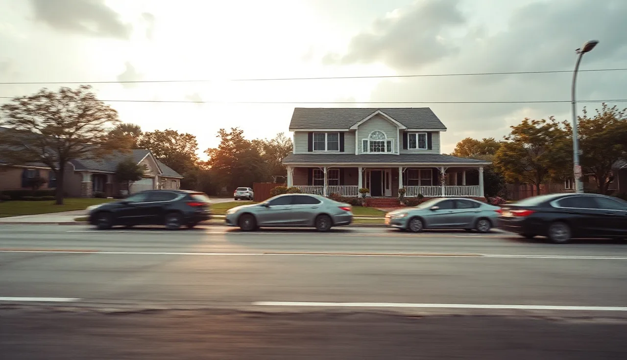 Suburban house with heavy traffic on busy road in foreground