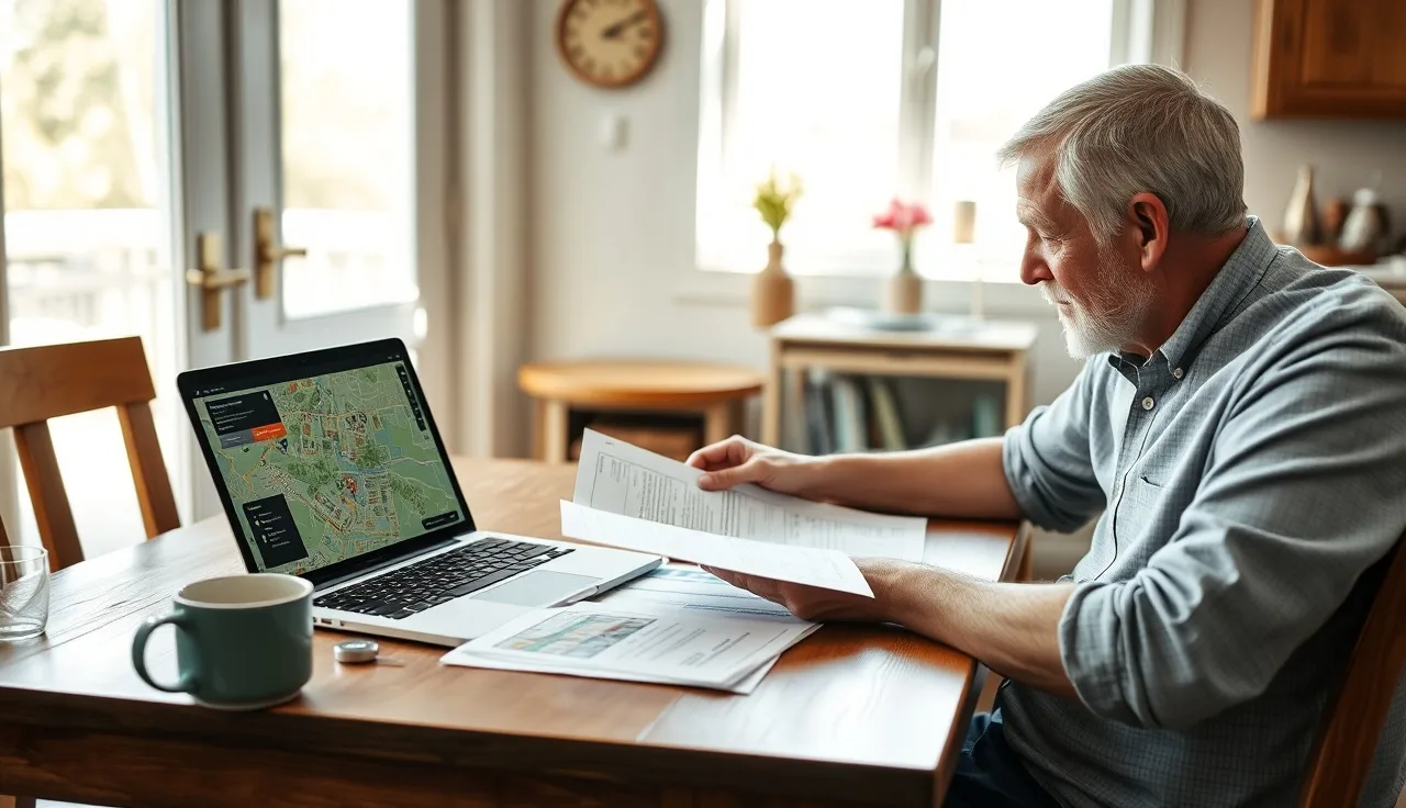 Homeowner reviewing property sale documents and neighborhood map for tax appeal