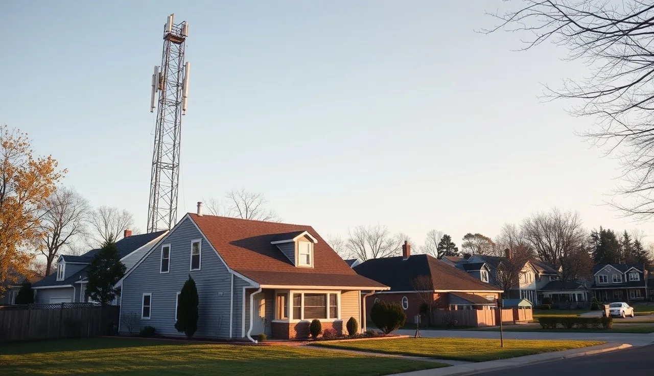 Cell tower looming over a suburban house on a quiet residential street
