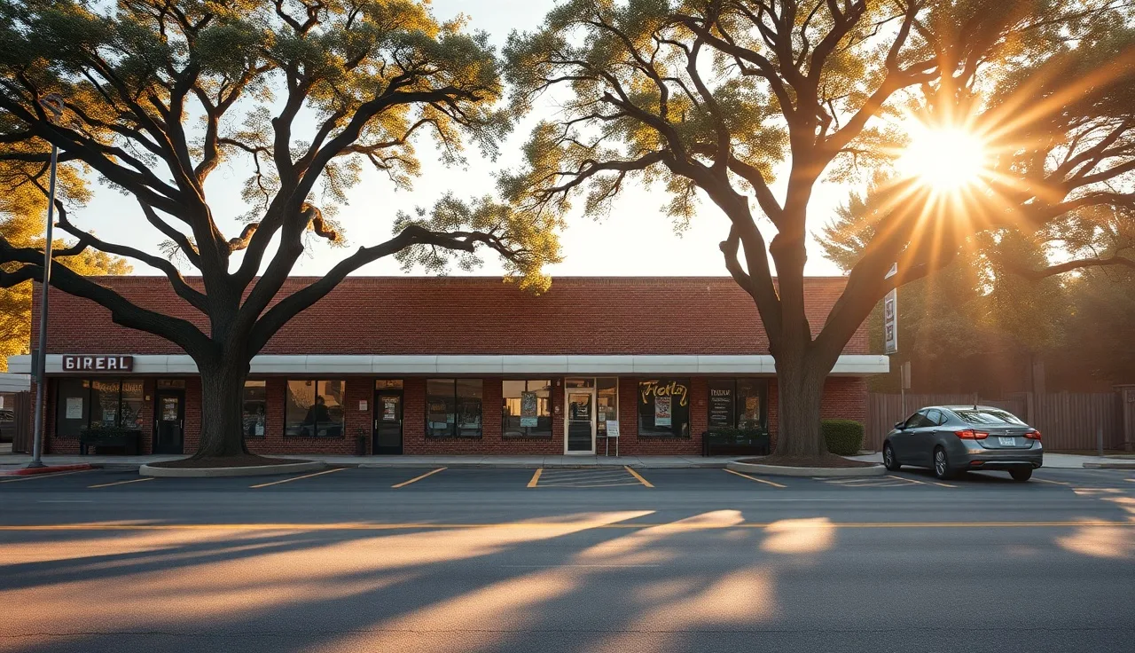 Empty parking lot in front of a brick commercial strip center at dusk