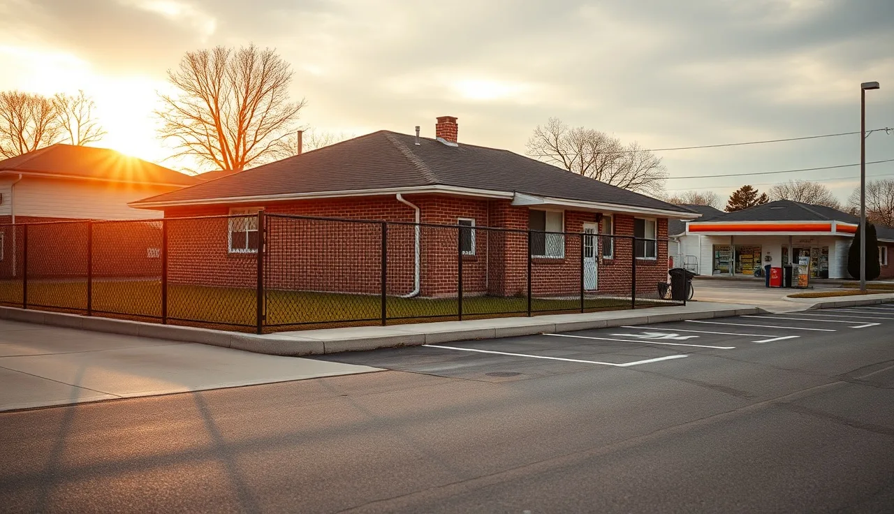 Ranch-style home with fence bordering a commercial parking lot next door