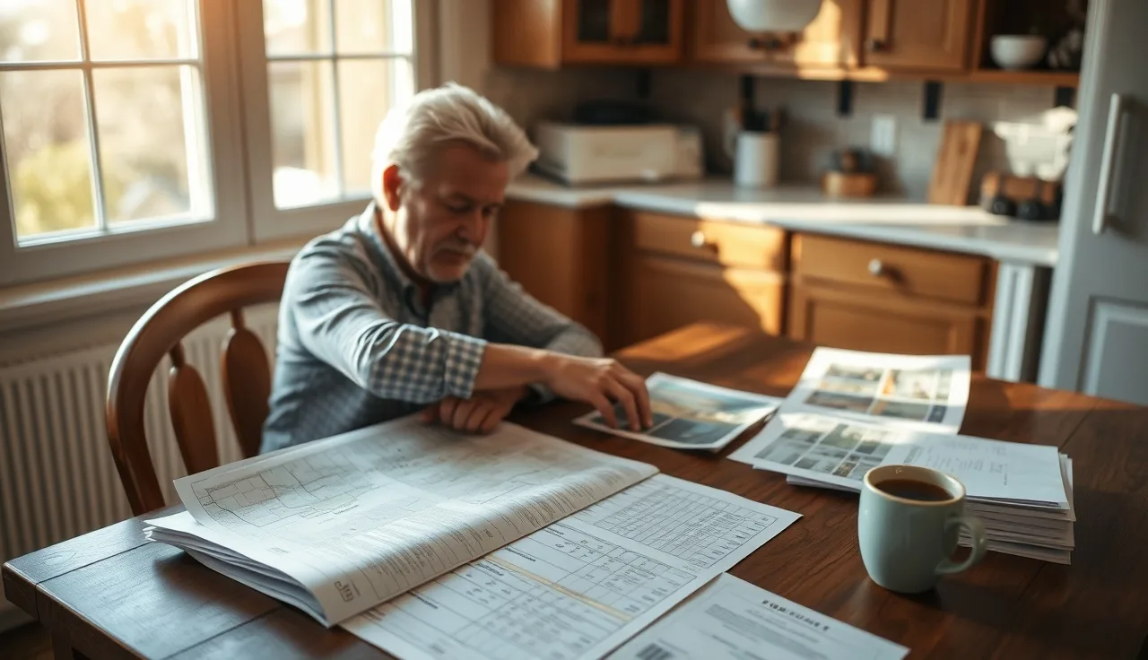 Homeowner reviewing comparable home sales records at kitchen table in morning light