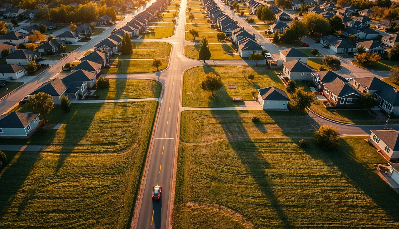 Aerial view of vacant residential lots between houses in a quiet neighborhood