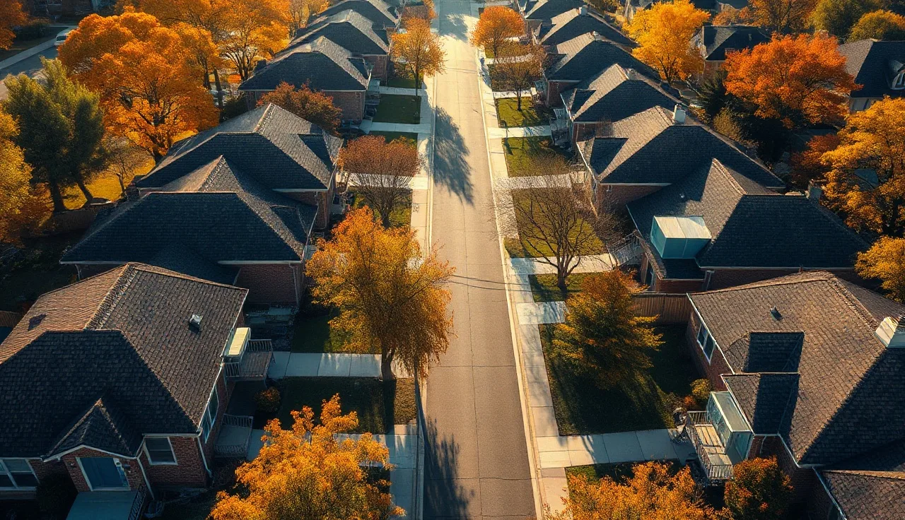 Aerial view of similar residential homes on a tree-lined suburban street in autumn