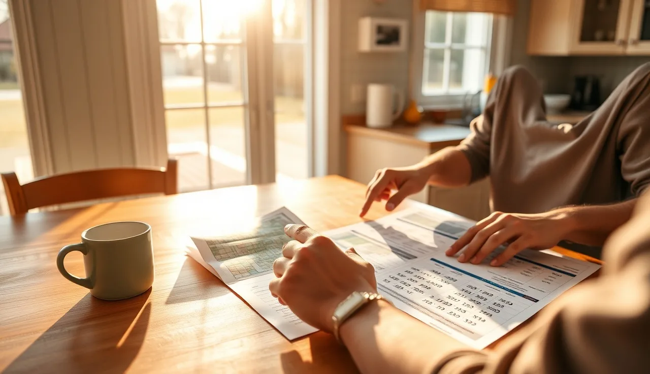 Homeowner reviewing comparable sales spreadsheets and neighborhood map at kitchen table