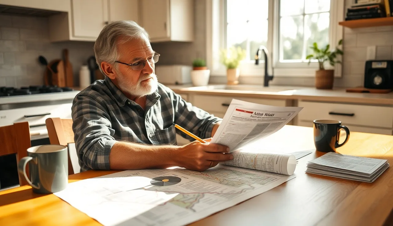 Homeowner reviewing comparable sales spreadsheets and neighborhood map at kitchen table