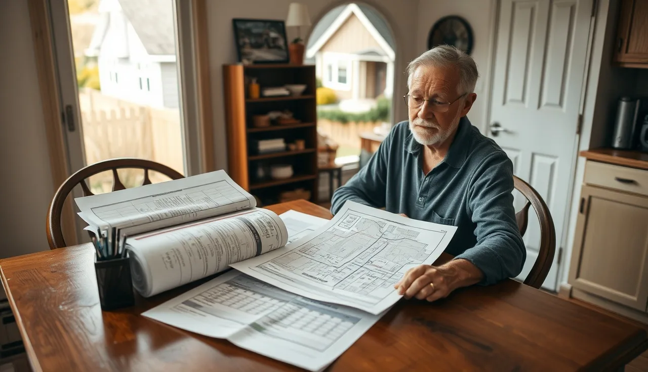 Homeowner reviewing printed property records and a neighborhood map to find comparable sales