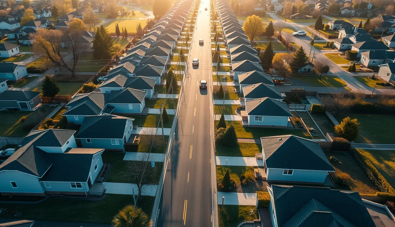 Aerial view of a quiet suburban street with comparable single-family homes