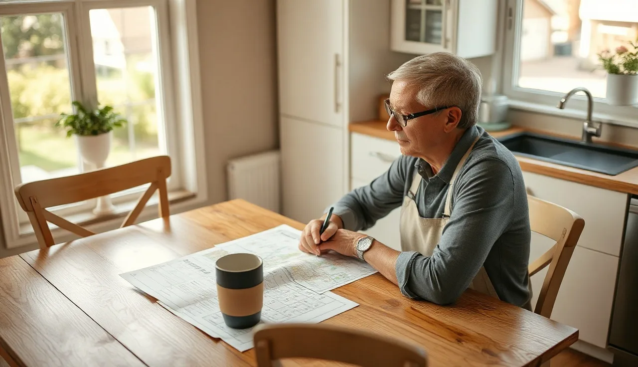 Homeowner reviewing comparable home sales spreadsheets at kitchen table