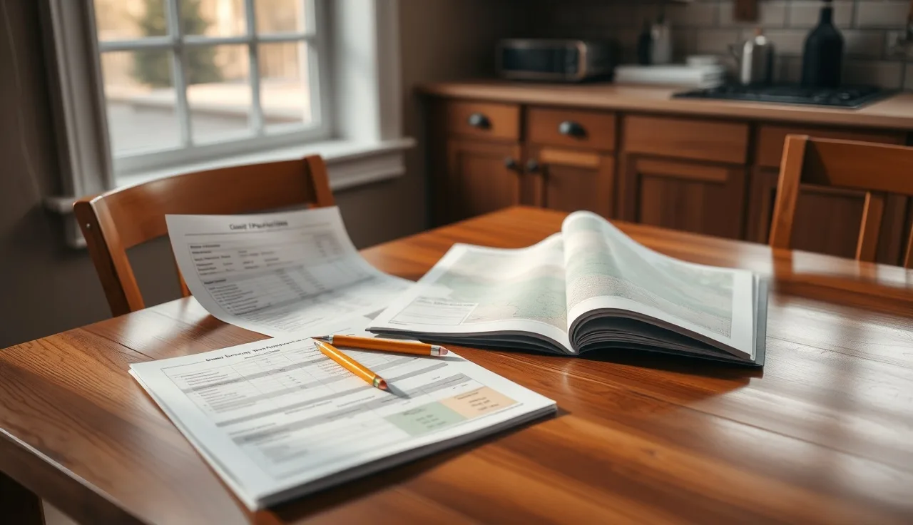 Printed comp grid spreadsheet and property maps on a kitchen table for a tax appeal