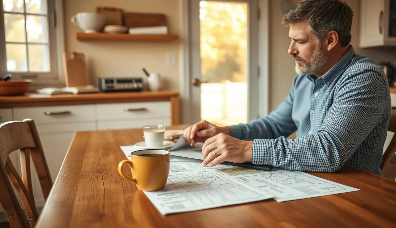 Homeowner reviewing printed property sales maps and notes at a kitchen table