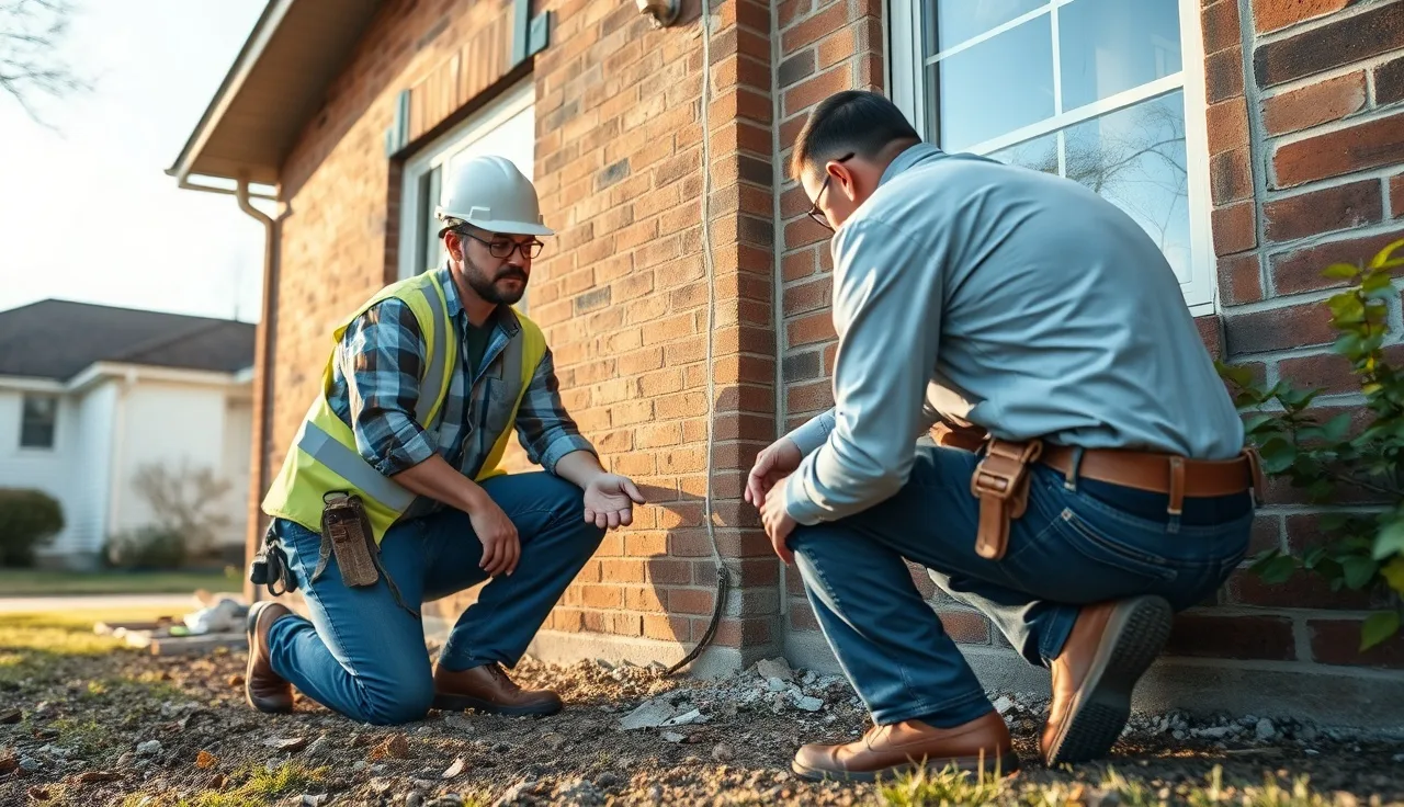Contractor inspecting a foundation crack on a brick house exterior for property assessment