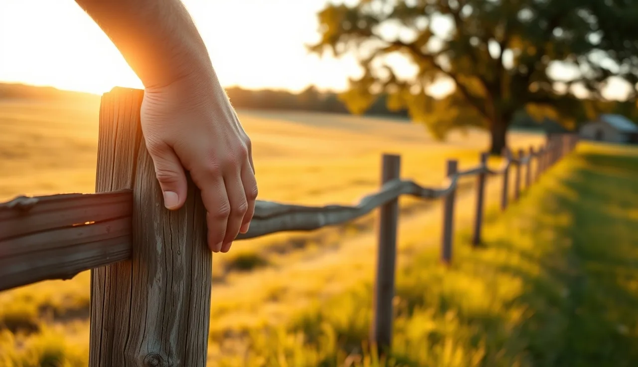 Homeowner's hand on fence post at edge of deed-restricted rural property at sunset