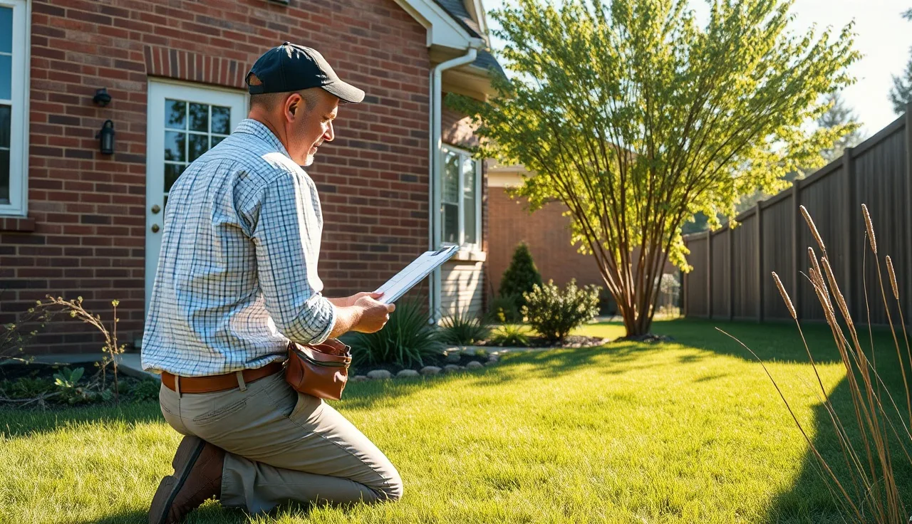 Appraiser measuring a brick house exterior during a property inspection on a sunny morning