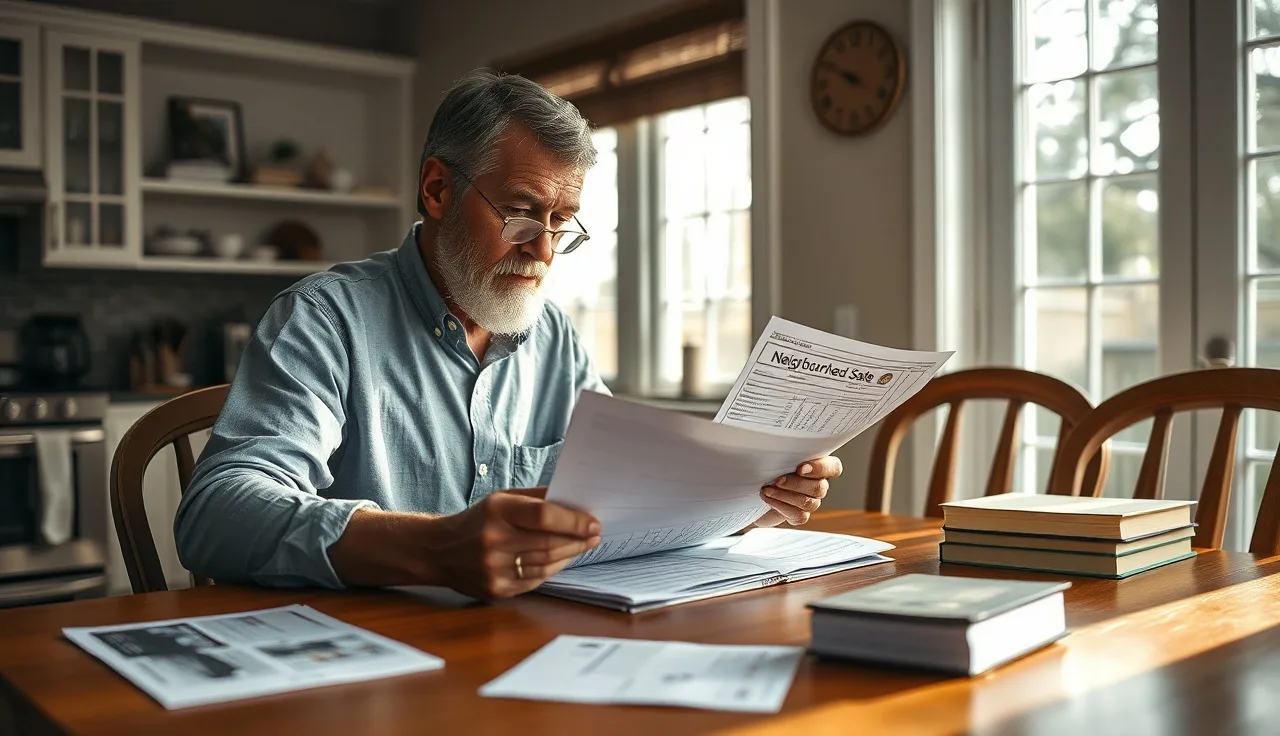 Homeowner reviewing comparable sales records at kitchen table for property tax appeal