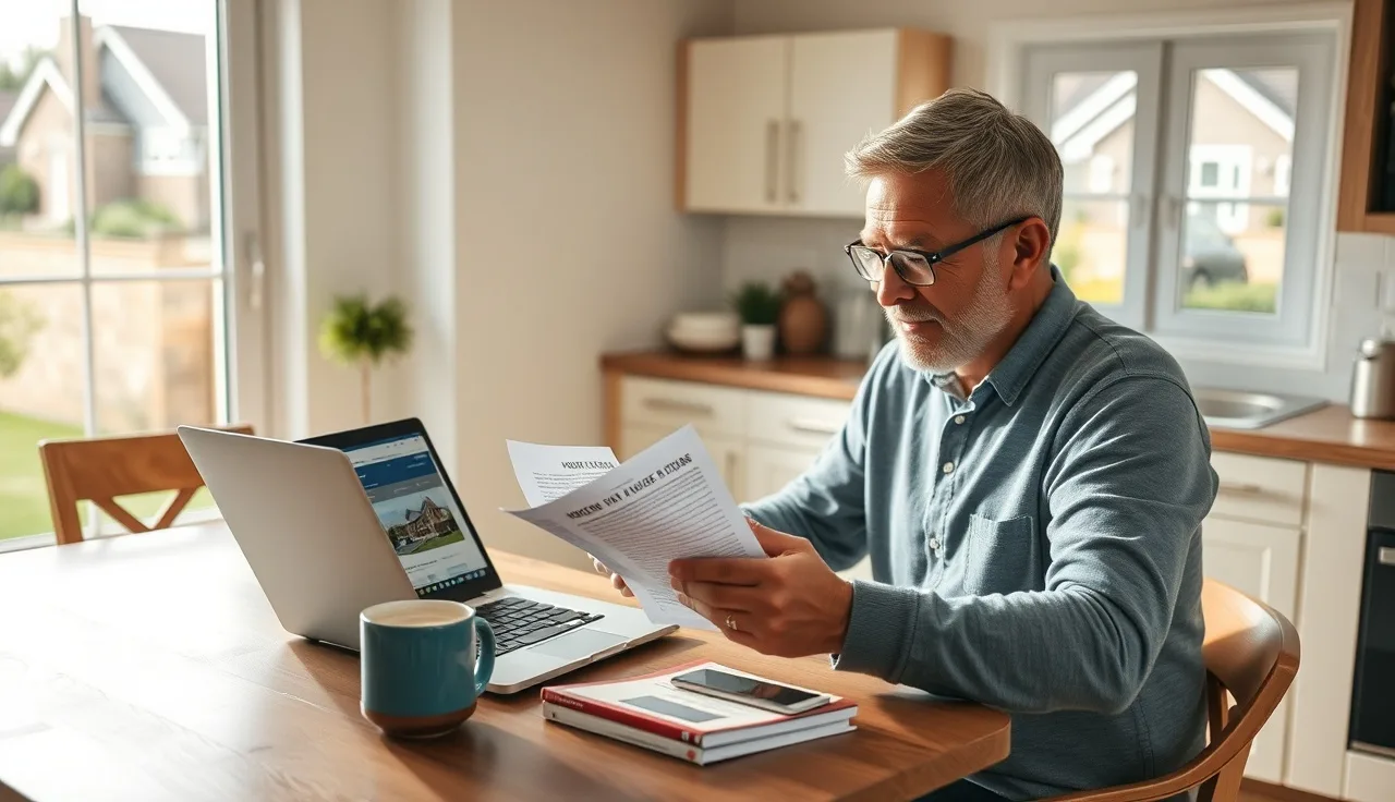 Homeowner reviewing property valuation documents and laptop at kitchen table for tax appeal