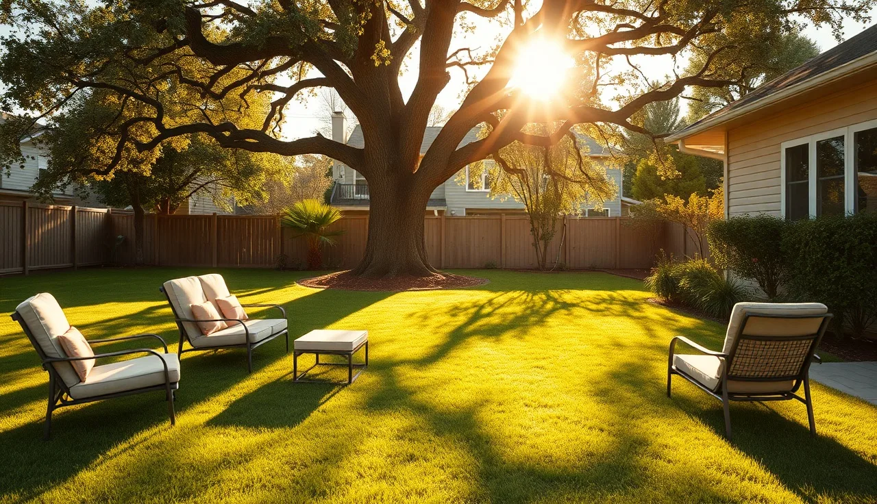 Empty backyard with oak tree and afternoon sunlight at a residential property