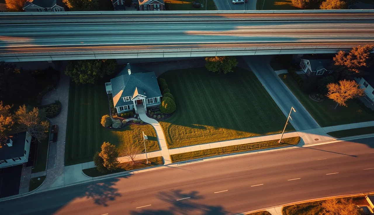 Suburban home sitting directly beside a raised highway overpass at golden hour