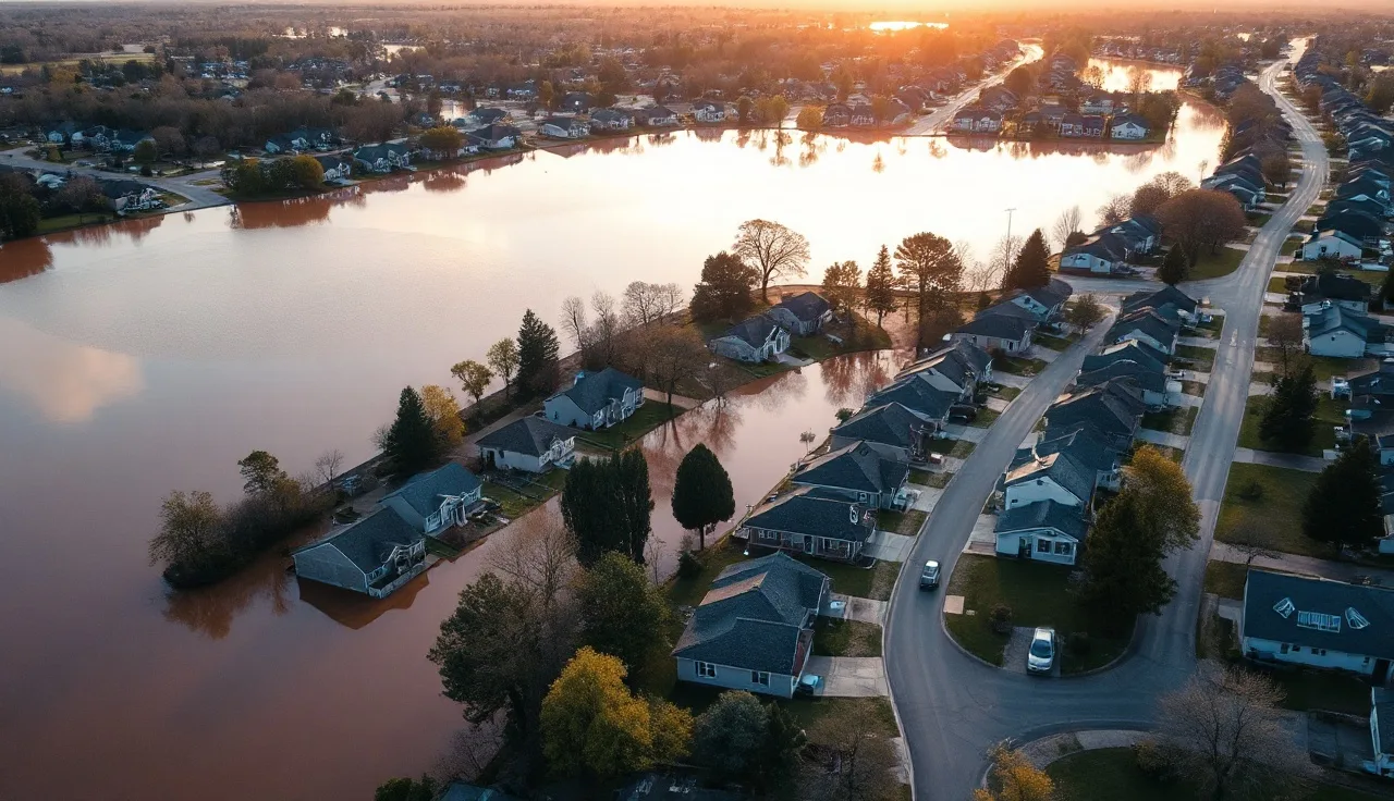 Aerial view of suburban homes at flood zone boundary with floodwater surrounding some properties