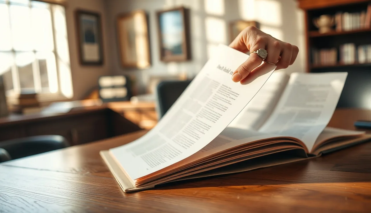 Hand pulling a property deed from a folder on a county records desk