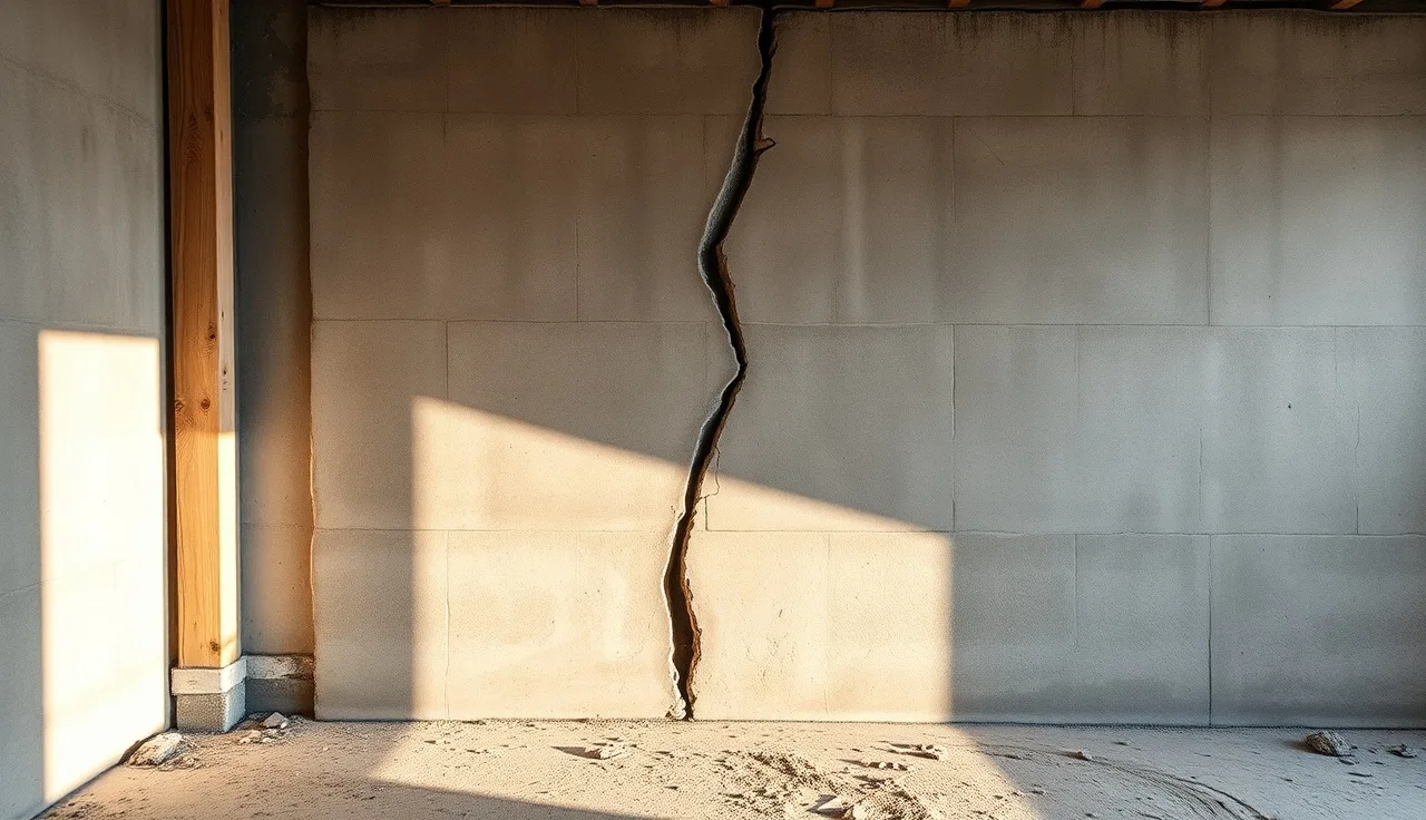 Diagonal crack running across a residential concrete foundation wall in a basement