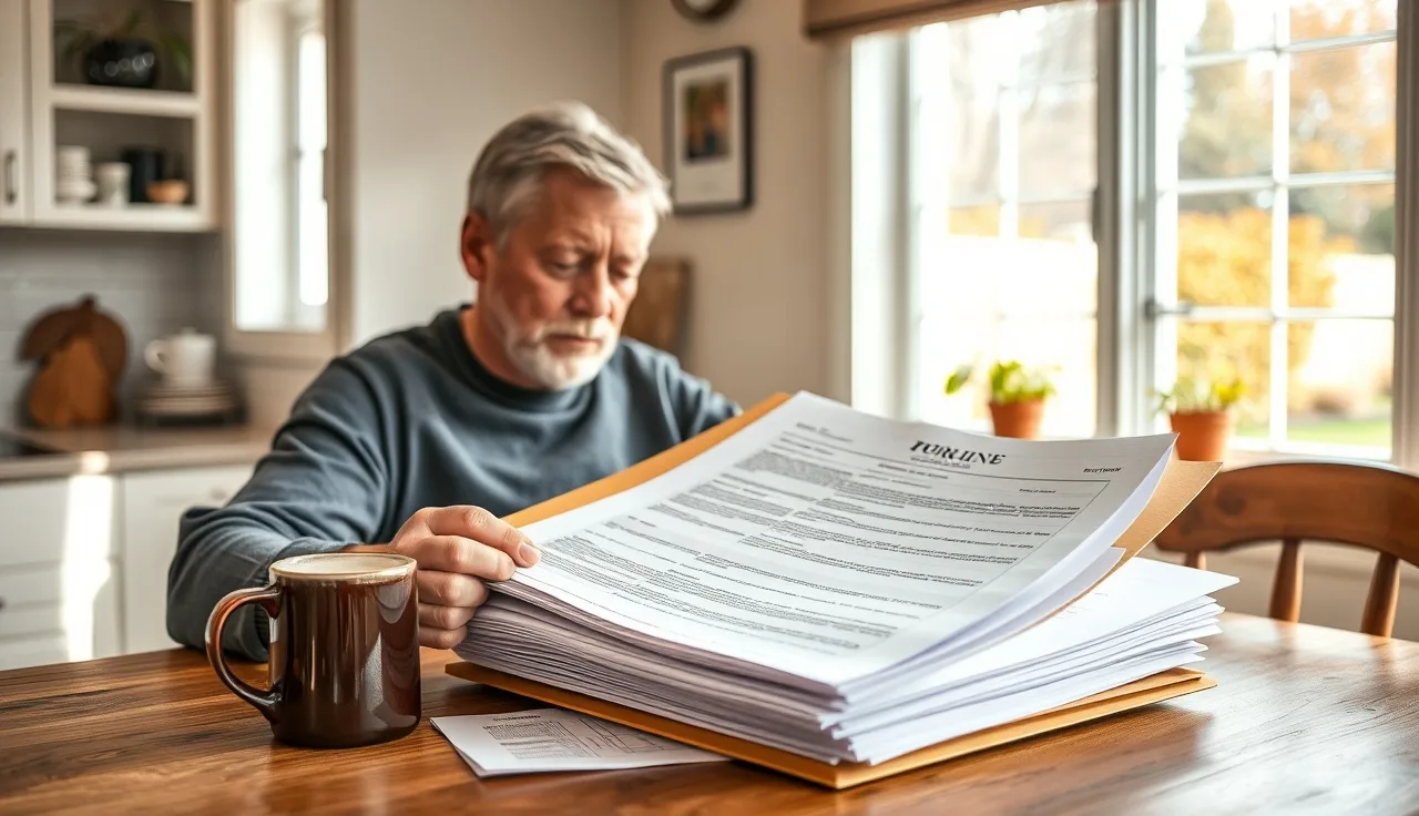 Homeowner reviewing assessment work file documents at kitchen table