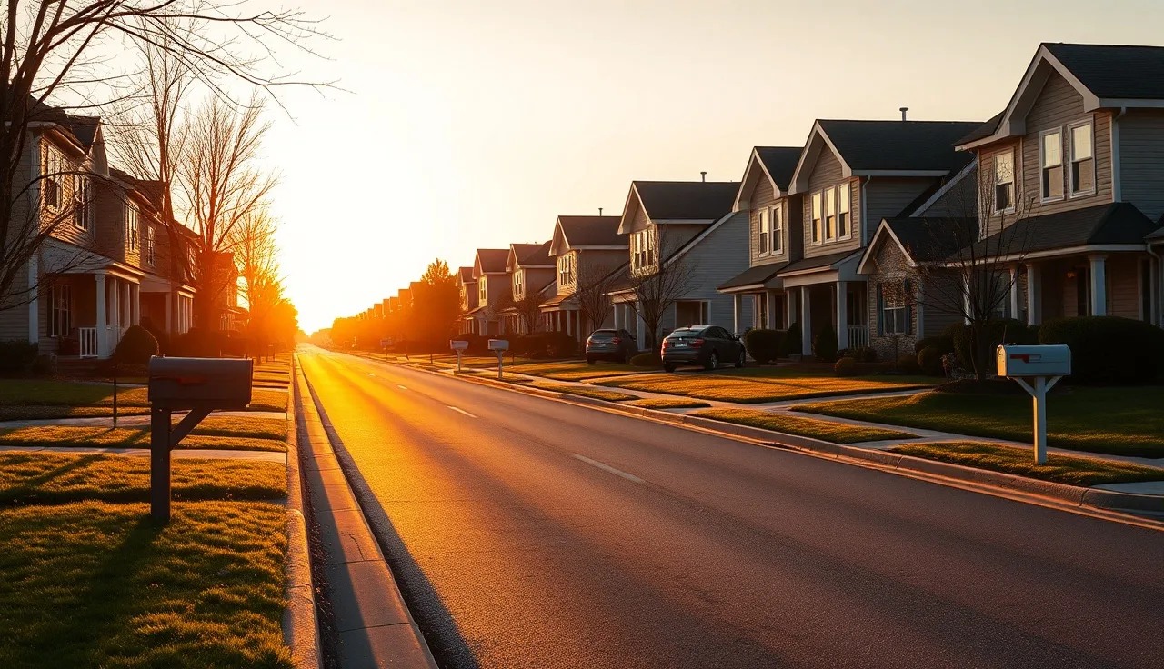 Suburban street with matching HOA-governed homes in late afternoon light