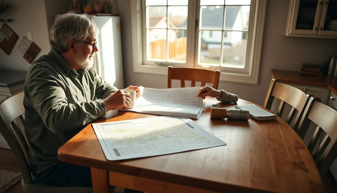 Homeowner reviewing property comp spreadsheets and neighborhood map at kitchen table