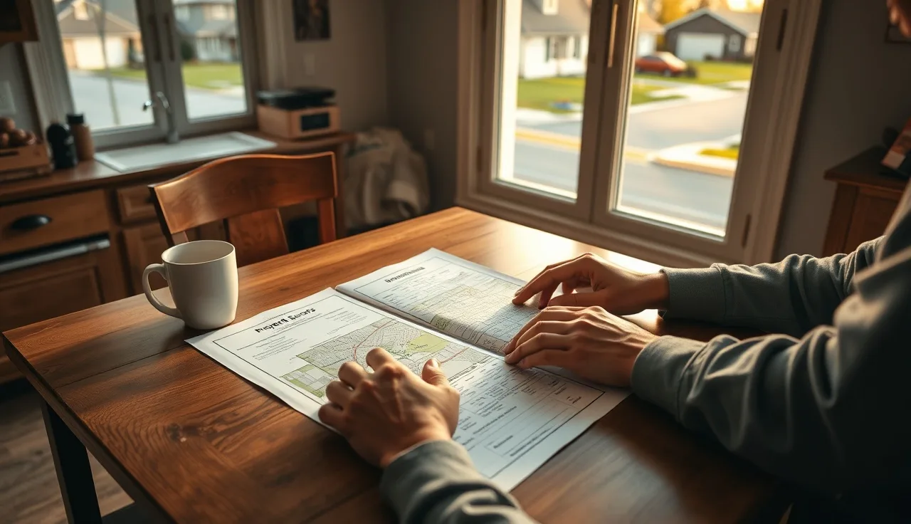 Homeowner reviewing comparable property sale records at kitchen table for tax appeal