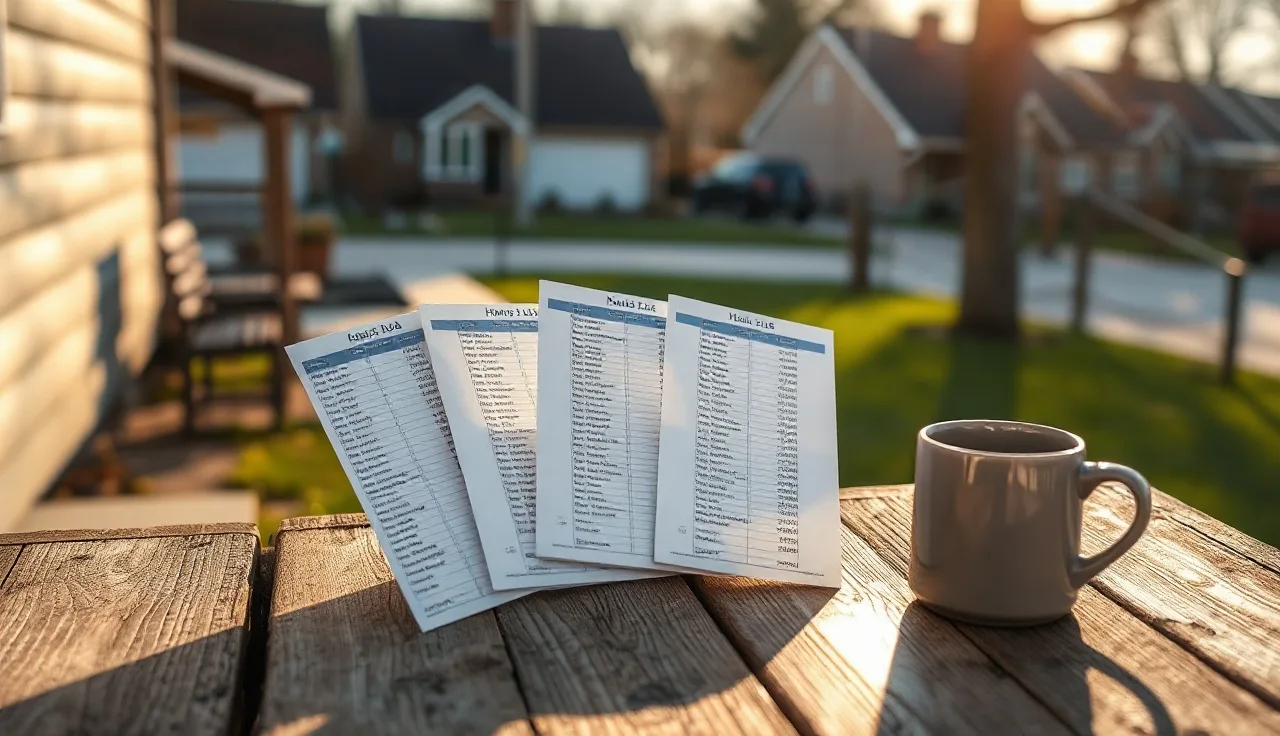Printed comparable sales spreadsheets on a wooden table outdoors for a property tax appeal
