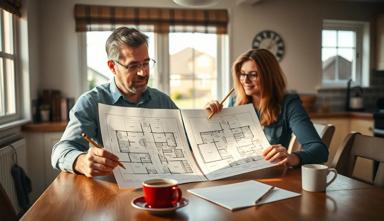 Homeowner comparing two property floor plans at kitchen table during appeal preparation