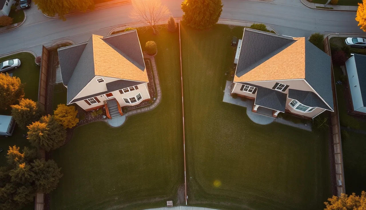 Aerial view of two suburban homes with contrasting small and large lot sizes